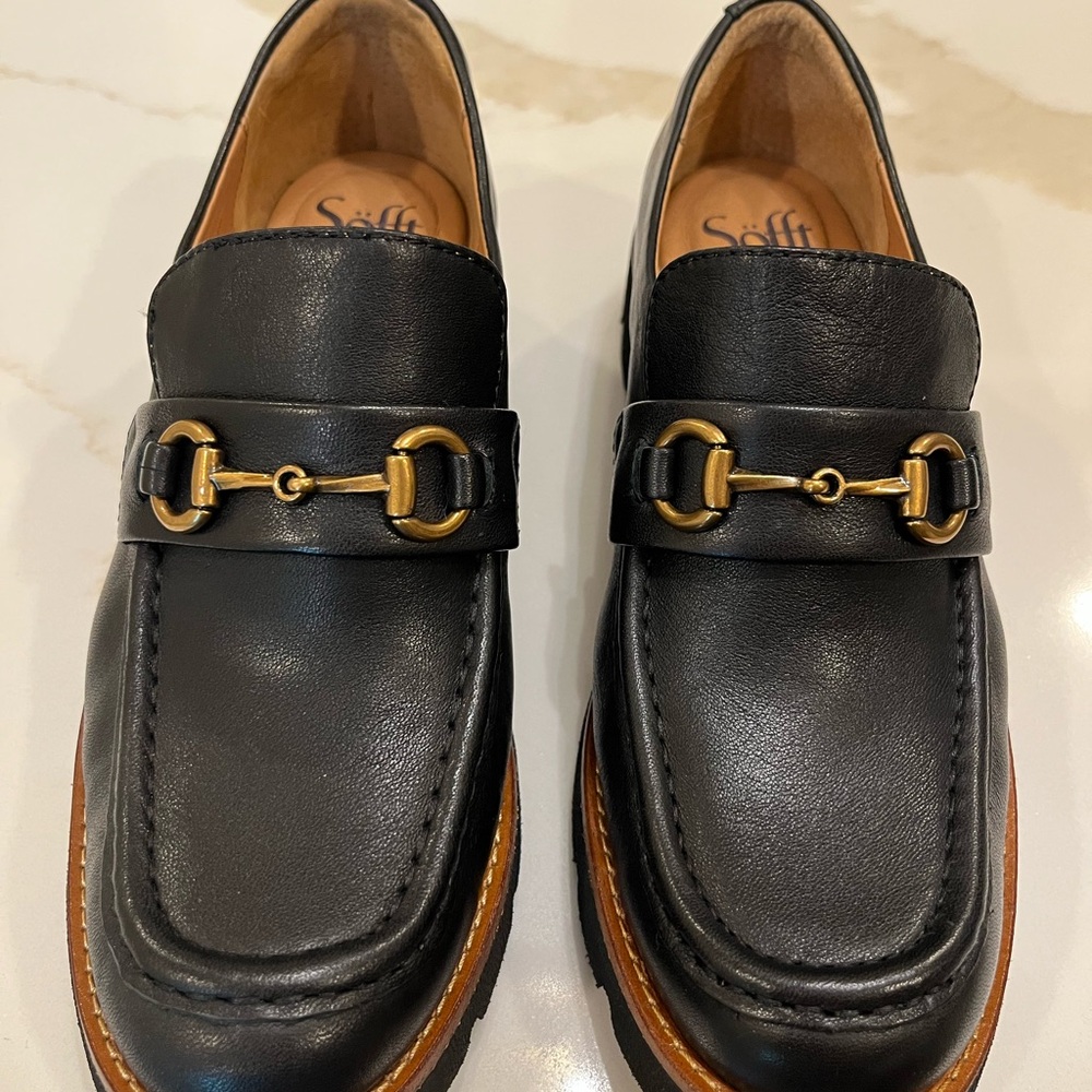 Sofft Black and Gold Horsebit Loafers